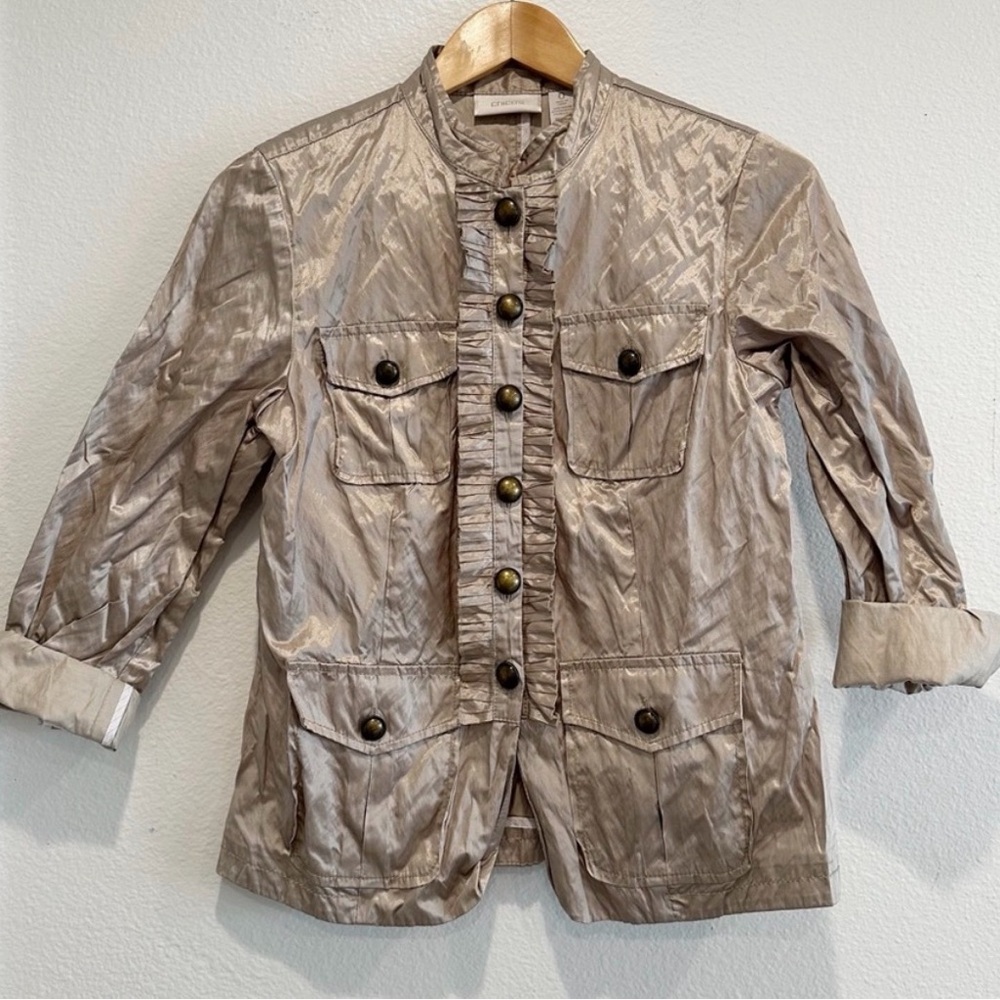 CHICO'S RUFFLE TEXTURE RORY JACKET CHICOS Utility Gold Shiny Jacket